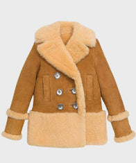Womens Brown Sheepskin Shearling Peacoat Jacket women front product view | Dash Racegear — Womens Sheepskin Brown Shearling Leather Peacoat