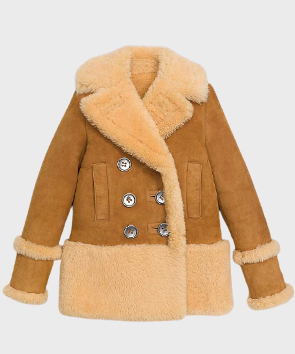 Womens Brown Sheepskin Shearling Peacoat Jacket women front product view | Dash Racegear — Womens Sheepskin Brown Shearling Leather Peacoat