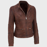 Womens Slim Fit Brown Cafe Racer Leather Jacket Leather Jacket women front product view | Dash Racegear — Women’s Café Racer Distressed Brown Slim Fit Motorcycle Jacket
