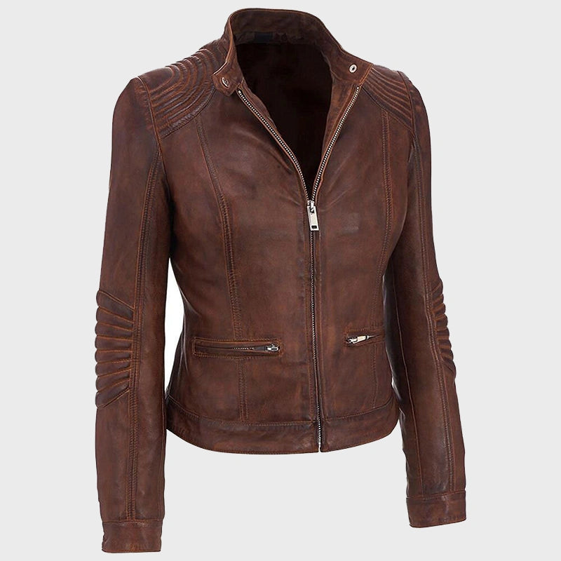 Womens Slim Fit Brown Cafe Racer Leather Jacket Leather Jacket women front product view | Dash Racegear — Women’s Café Racer Distressed Brown Slim Fit Motorcycle Jacket