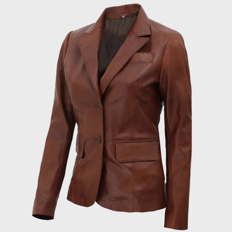 Womens Brown Two Button Leather Blazer Blazer unisex front product view | Dash Racegear — Women Premium Brown Two-Button Leather Blazer