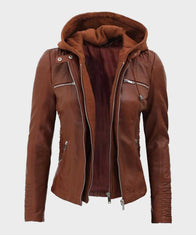 Womens Cafe Racer Brown Leather Jacket Biker Jacket women detail view 2 | Dash Racegear — Womens Brown Biker Leather Jacket with Hood