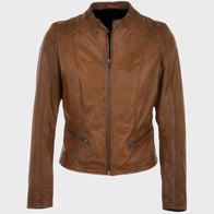 Women’s Cafe Racer Chocolate Brown Leather Jacket Leather Jacket women front product view | Dash Racegear — Chocolate Brown Women’s Cafe Racer Leather Jacket