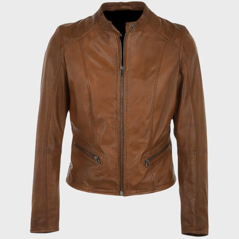 Women’s Cafe Racer Chocolate Brown Leather Jacket Leather Jacket women front product view | Dash Racegear — Chocolate Brown Women’s Cafe Racer Leather Jacket