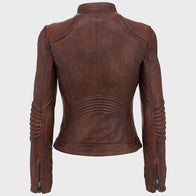 Womens Slim Fit Brown Cafe Racer Leather Jacket Leather Jacket women detail view 2 | Dash Racegear — Womens Cafe Racer Brown Slim Fit Biker Leather Jacket
