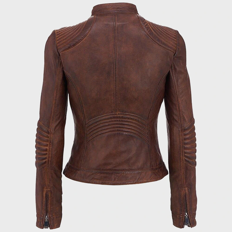 Womens Slim Fit Brown Cafe Racer Leather Jacket Leather Jacket women detail view 2 | Dash Racegear — Womens Cafe Racer Brown Slim Fit Biker Leather Jacket
