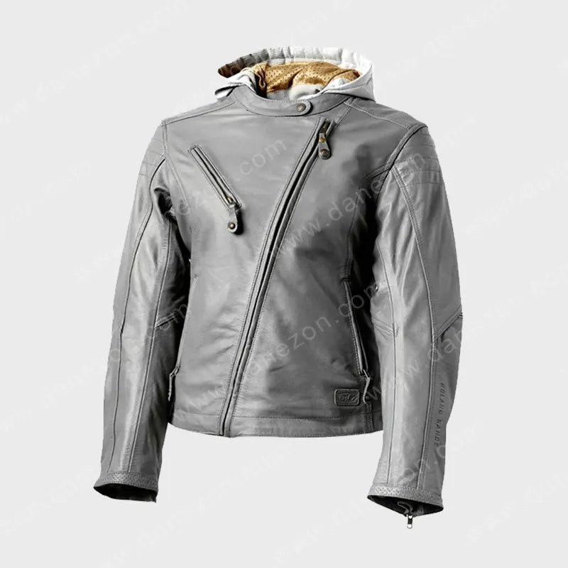 Womens Cafe Racer Grey Leather Jacket Leather Jacket women front product view | Dash Racegear — Womens Cafe Racer Grey Leather Jacket