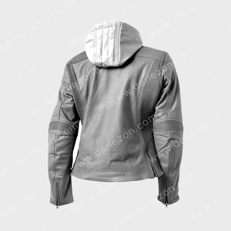 Womens Cafe Racer Grey Leather Jacket Leather Jacket women detail view 2 | Dash Racegear — Womens Cafe Racer Grey Leather Hooded Jacket