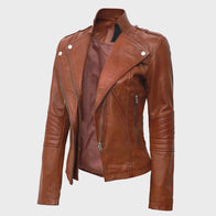 Women’s Tan Leather Cafe Racer Jacket Leather Jacket women front product view | Dash Racegear — Cafe Racer Women's Tan Brown Leather Jacket
