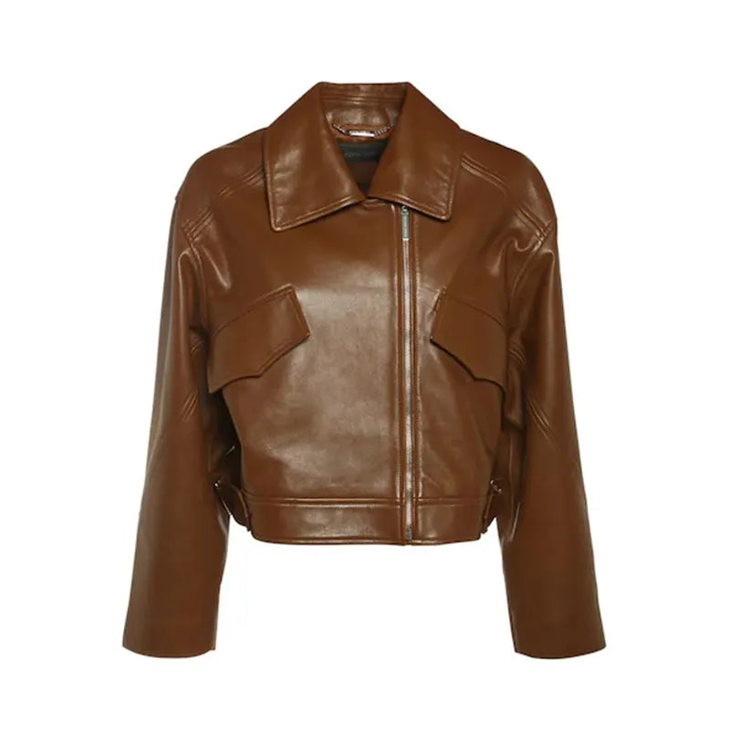 Womens Chocolate Brown Leather Jacket Leather Jacket women front product view | Dash Racegear — Womens Chocolate Brown Leather Jacket
