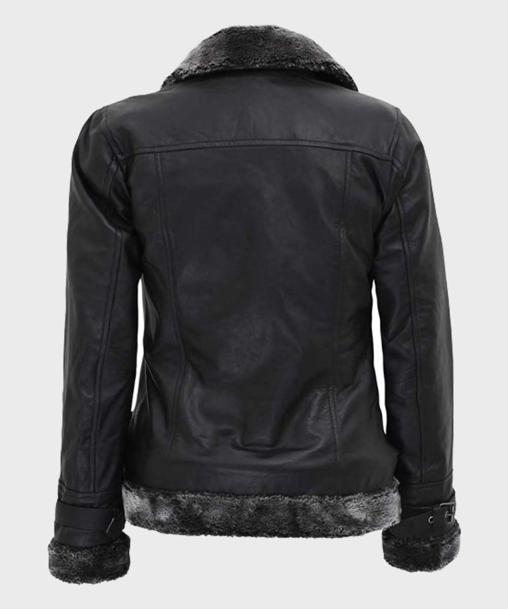 Womens Black Leather Shearling Jacket Jacket women detail view 3 | Dash Racegear — Black Leather Womens Classic Shearling Jacket for Winter