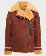 Womens Classic Brown Shearling Distressed Leather Jacket Leather Jacket women front product view | Dash Racegear — Womens-Classic-Brown-Shearling-Distressed-Leather-Jacket