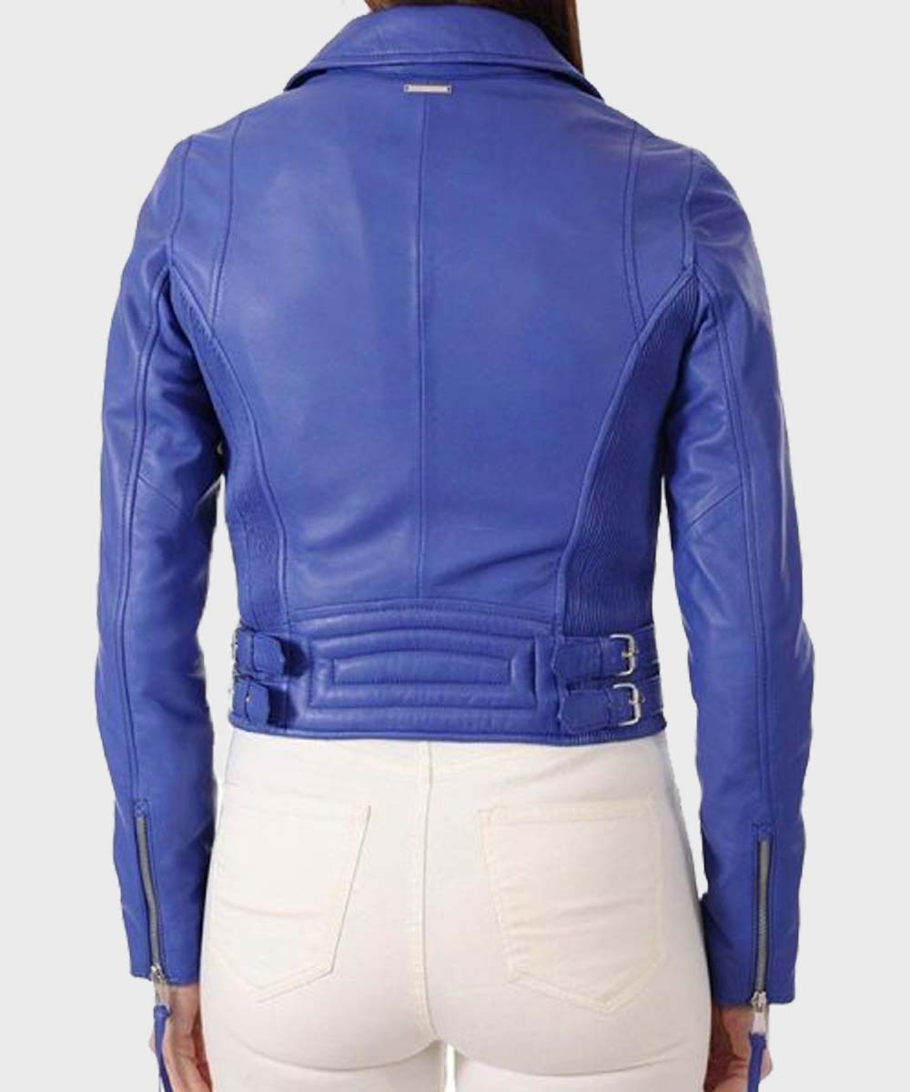 Womens Blue Classic Motorcycle Leather Jacket Leather Jacket women detail view 3 | Dash Racegear — Womens Bright Blue Leather Jacket