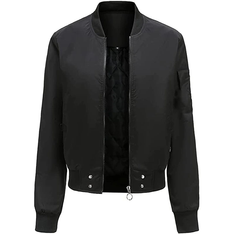 Womens Cotton Black Bomber Jacket Bomber Jacket women front product view | Dash Racegear — Womens Black Bomber Jacket