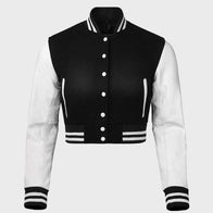 Women’s Cropped Varsity Jacket Varsity Jacket women front product view | Dash Racegear — Black And White Cropped Varsity Jacket