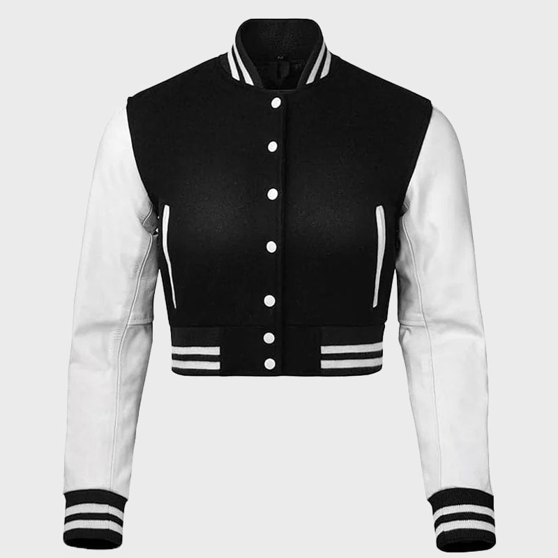 Women’s Cropped Varsity Jacket Varsity Jacket women front product view | Dash Racegear — Black And White Cropped Varsity Jacket