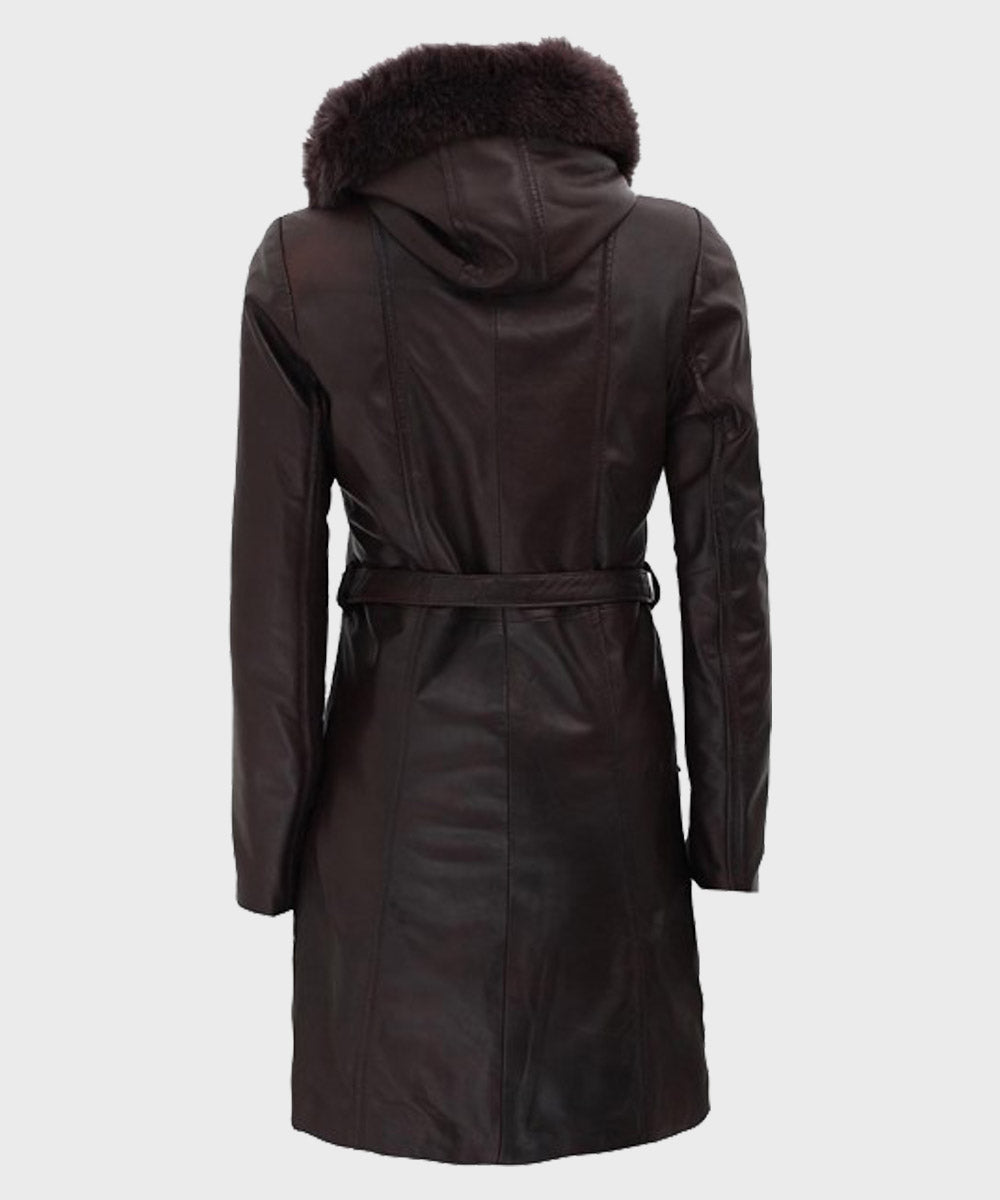 Womens Dark Brown Fur Hooded Leather Coat Jacket women detail view 3 | Dash Racegear — Faux Shearling Dark Brown Hooded Coat