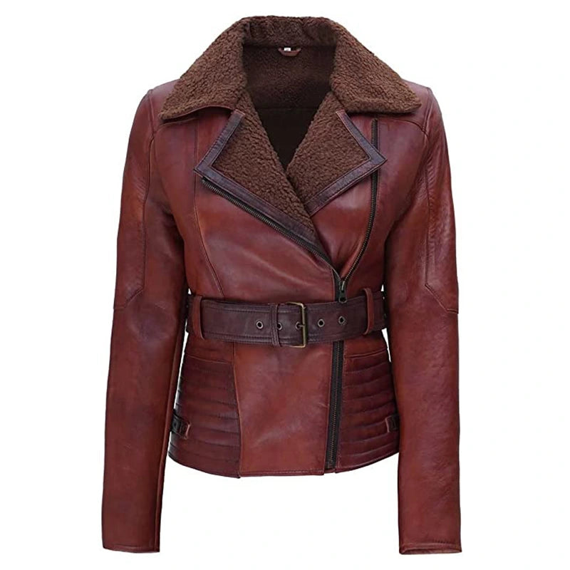 Womens Dark Brown Shearling Leather Jacket Leather Jacket women front product view | Dash Racegear — Womens Dark Brown Shearling Leather Jacket