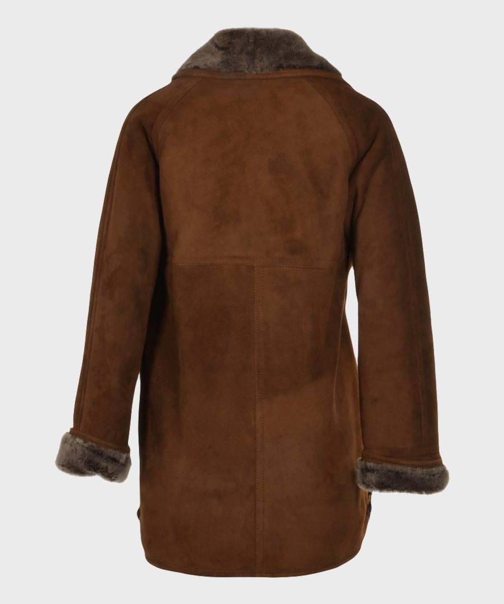 Womens Brown Sheepskin Leather Coat Jacket women detail view 3 | Dash Racegear — Dark Brown Sheepskin Shearling Leather Coat