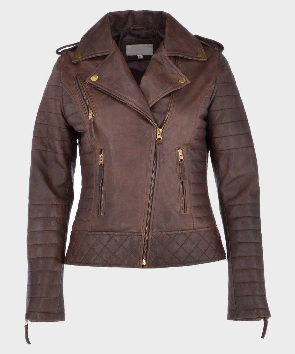 Womens Distressed Brown Biker Leather Jacket Leather Jacket women front product view | Dash Racegear — Brown Distressed Womens Leather Motorcycle Jacket