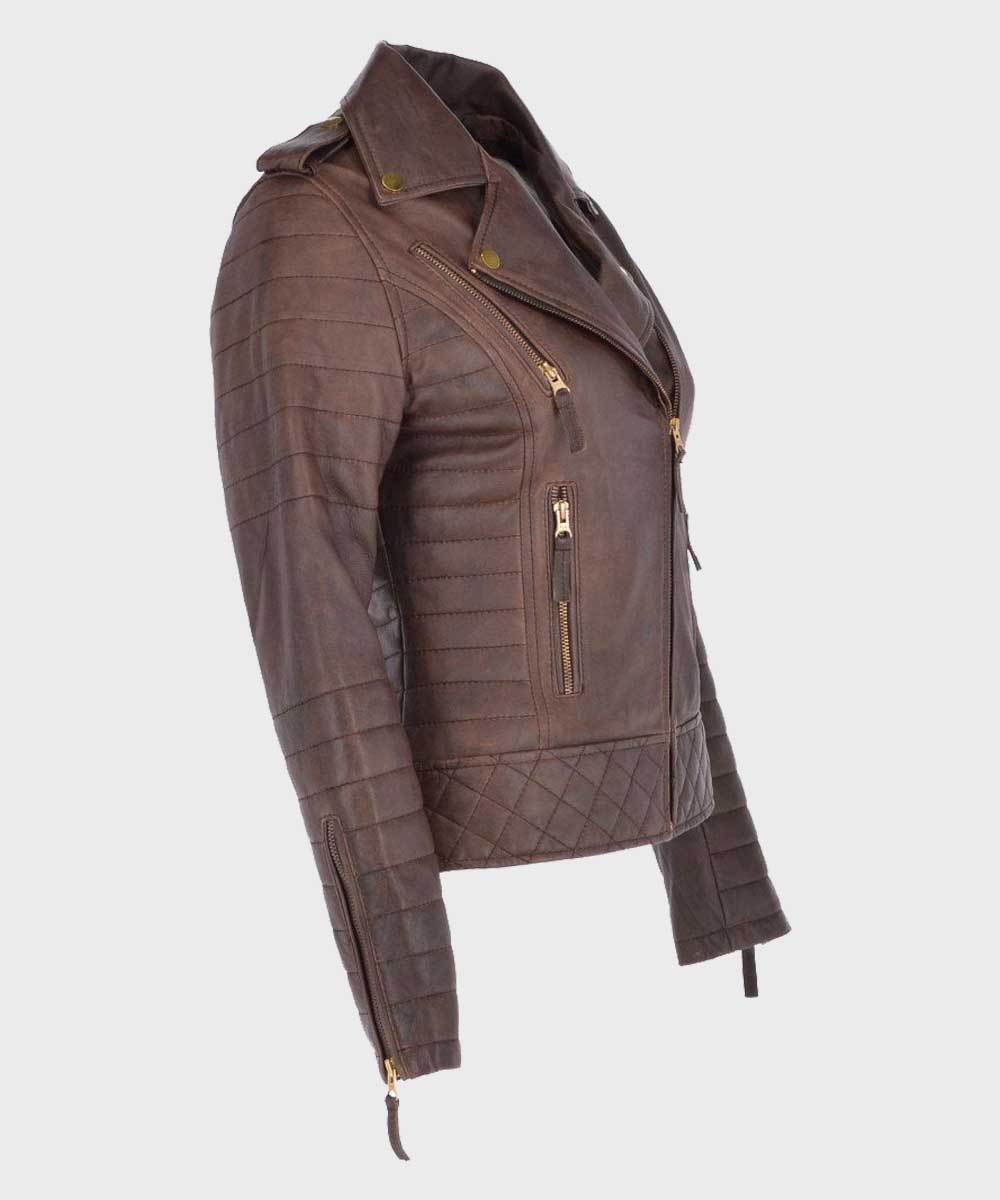 Womens Distressed Brown Biker Leather Jacket Leather Jacket women detail view 2 | Dash Racegear — Womens Biker Asymmetrical Leather Brown Jacket