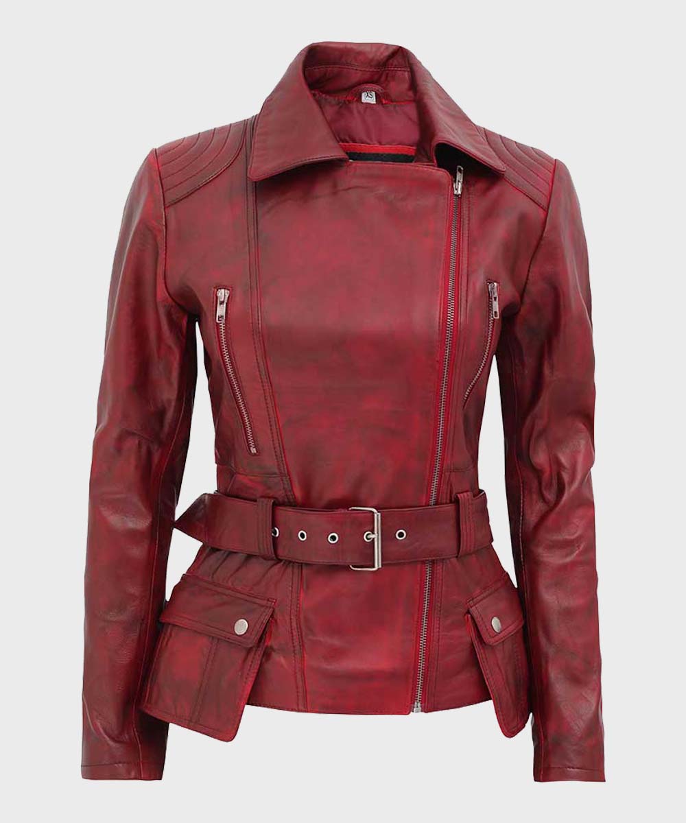 Womens Distressed Maroon Biker Jacket Biker Jacket women front product view | Dash Racegear — Womens Maroon Motorcycle Belted Leather Jacket