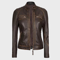 Womens Quilted Shoulder Distressed Leather Jacket Leather Jacket women detail view 3 | Dash Racegear — Womens Distressed Quilted Shoulder Leather Jacket