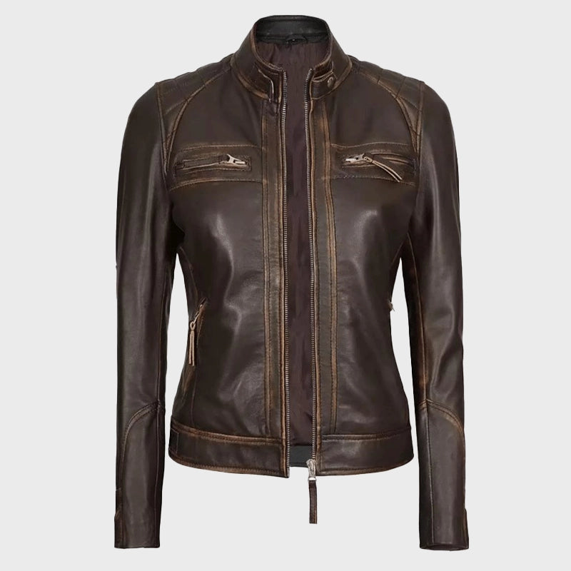 Womens Quilted Shoulder Distressed Leather Jacket Leather Jacket women detail view 3 | Dash Racegear — Womens Distressed Quilted Shoulder Leather Jacket