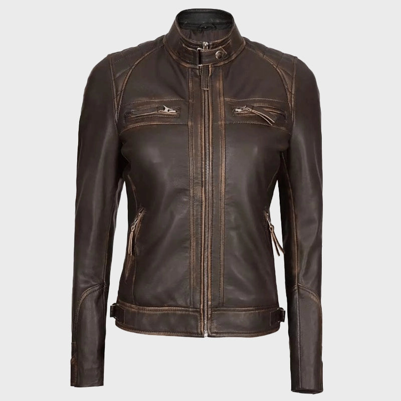Womens Quilted Shoulder Distressed Leather Jacket Leather Jacket women detail view 2 | Dash Racegear — Womens Quilted Shoulder Distressed Leather Jacket