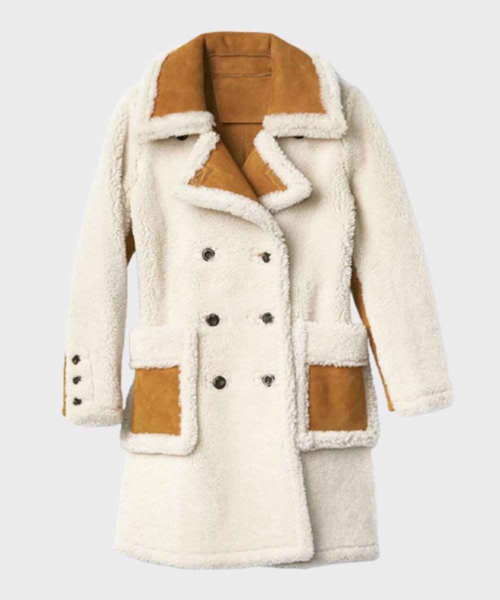 Womens Double-Breasted Shearling Coat Jacket women front product view | Dash Racegear — Womens Double-Breasted Shearling Coat