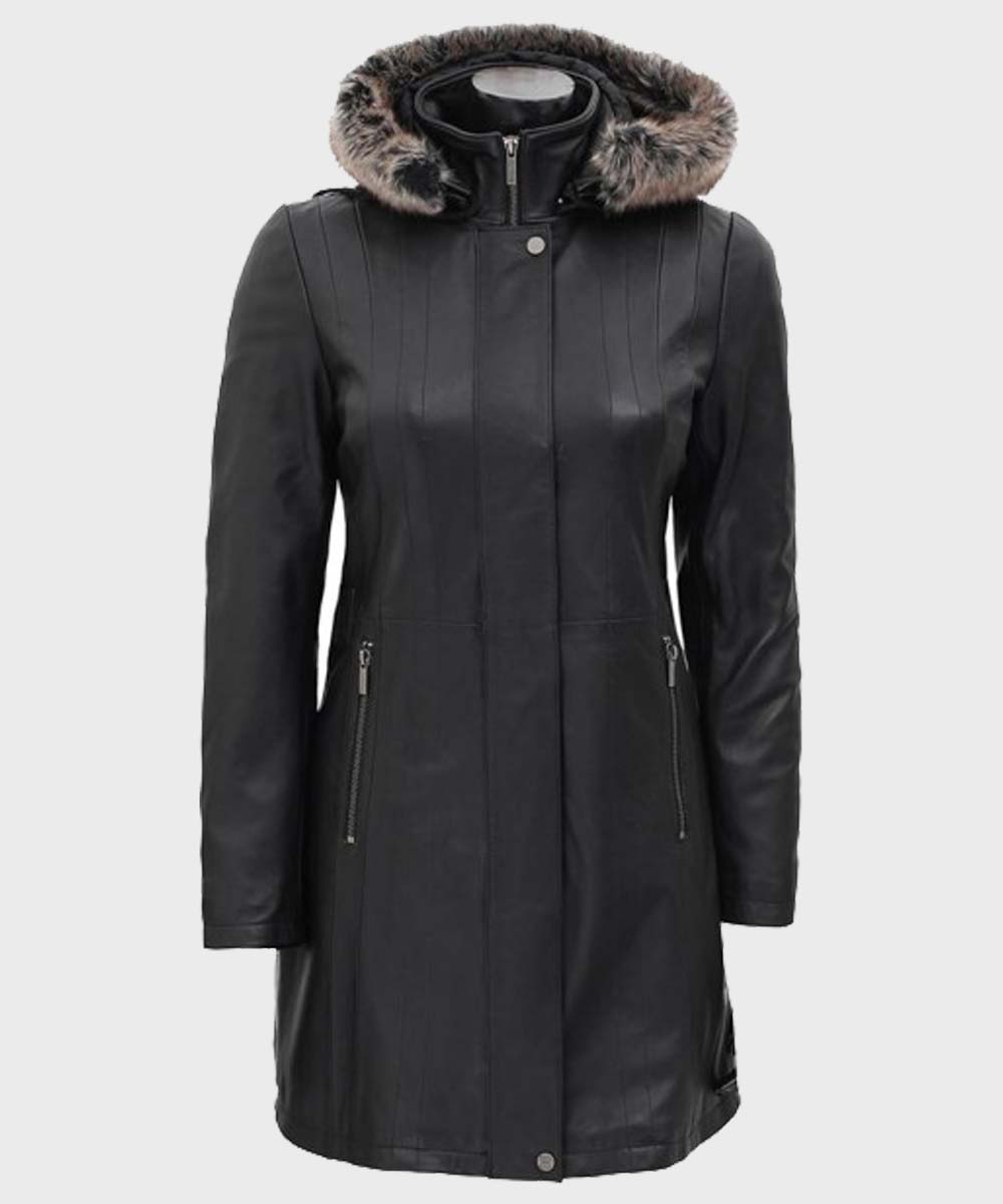 Womens Black Fur Hooded Leather Coat Jacket women detail view 2 | Dash Racegear — Womens Black Faux Shearling Collar Leather Coat