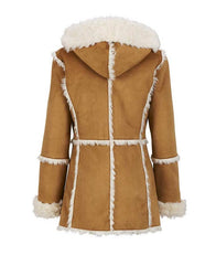 Womens Brown Faux Fur Suede Overcoat With Hood Coat women detail view 2 | Dash Racegear — Womens Brown Suede Faux Fur Overcoat