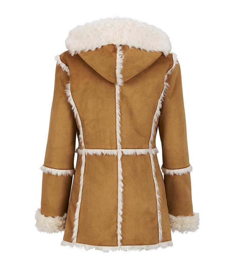 Womens Brown Faux Fur Suede Overcoat With Hood Coat women detail view 2 | Dash Racegear — Womens Brown Suede Faux Fur Overcoat