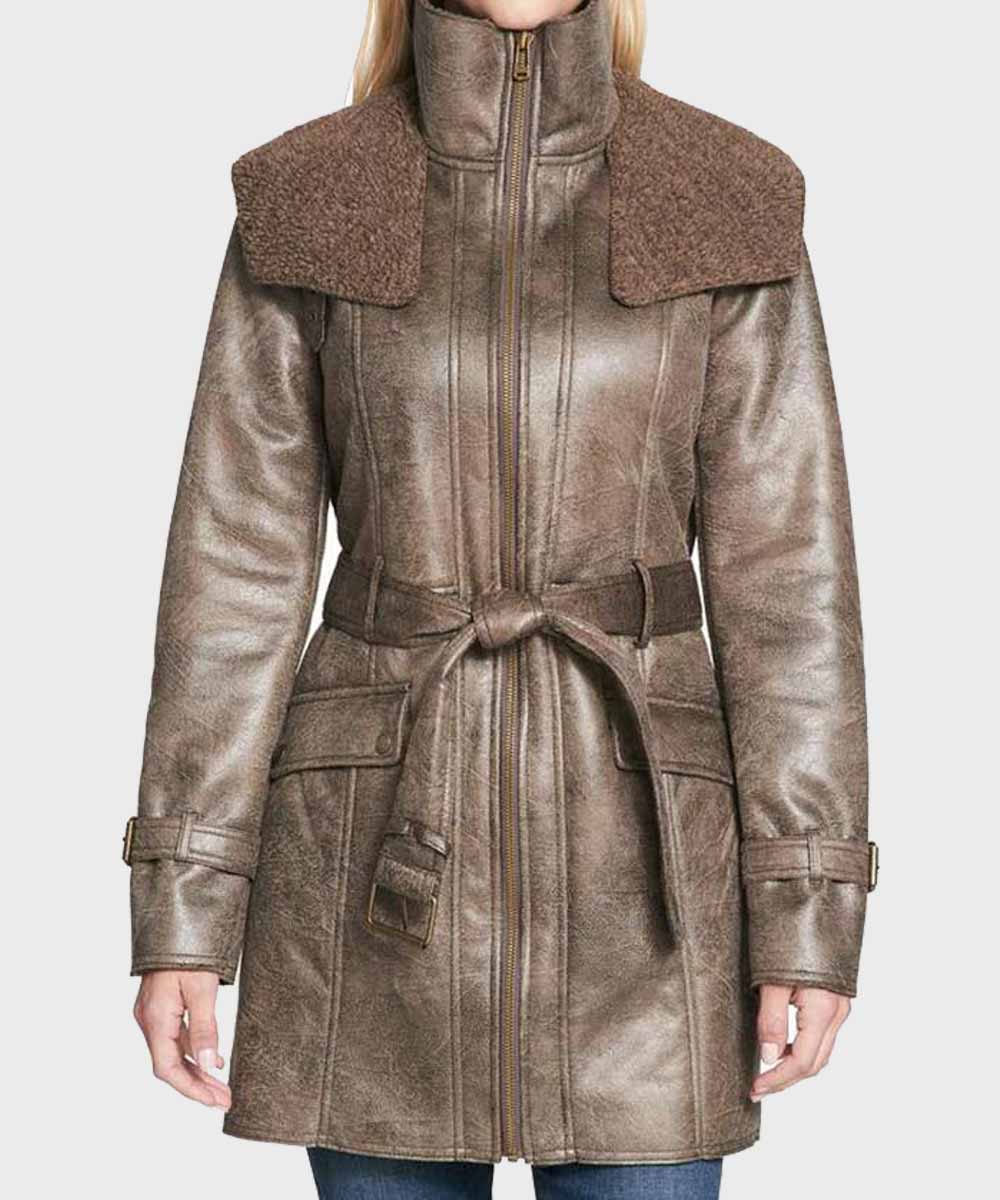 Womens Faux Shearling Mid-Length Duster Coat Jacket women front product view | Dash Racegear — Womens Duster Mid-Length Faux Shearling Coat