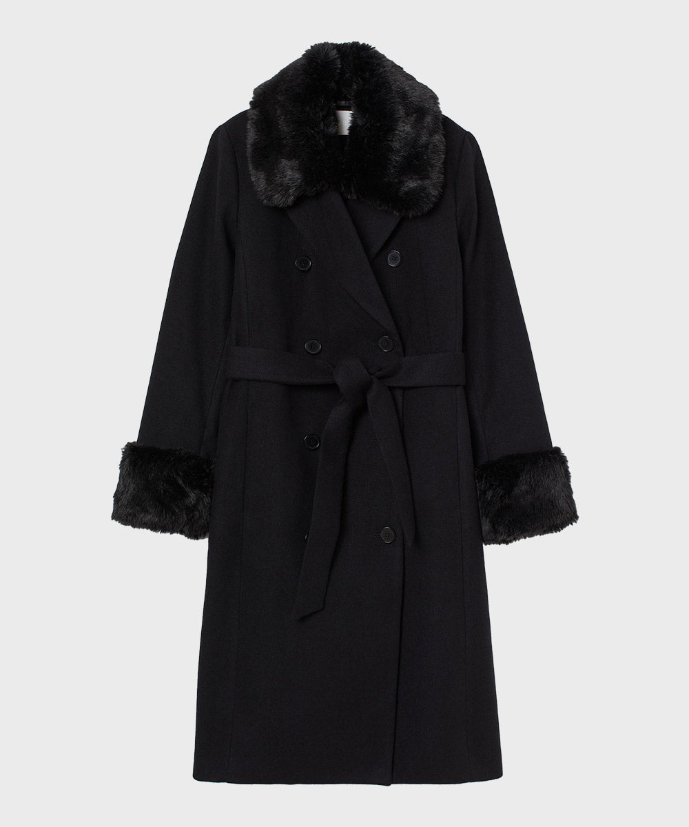 Womens Fur Collar Black Wool Coat Coat women front product view | Dash Racegear — Womens Black Wool-Blend Fur Collar Trench Coat
