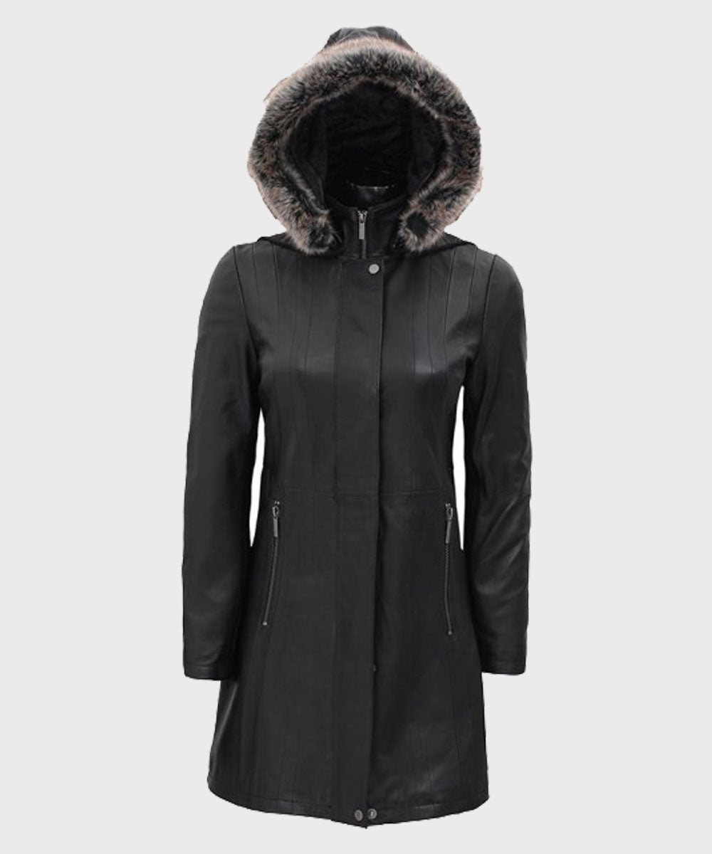 Womens Black Fur Hooded Leather Coat Jacket women front product view | Dash Racegear — Women's Black Leather Faux Fur Hooded Coat