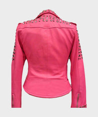 Womens Pink Biker Golden Studded Jacket Jacket women detail view 3 | Dash Racegear — Womens Pink Biker Golden Studded Jacket