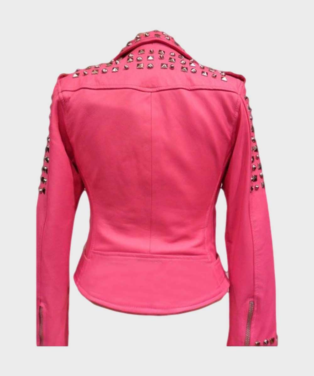 Womens Pink Biker Golden Studded Jacket Jacket women detail view 3 | Dash Racegear — Womens Pink Biker Golden Studded Jacket
