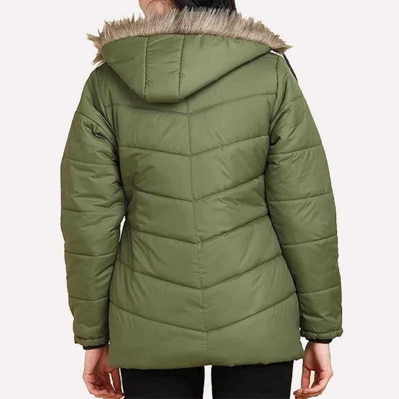 Womens Green Puffer Jacket Puffer Jacket women detail view 3 | Dash Racegear — Green Puffer Parka Hooded Jacket