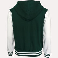 Womens Green and White Hooded Varsity Jacket Varsity Jacket women detail view 2 | Dash Racegear — Womens Baseball Style Gree and White Hooded Varsity Jacket