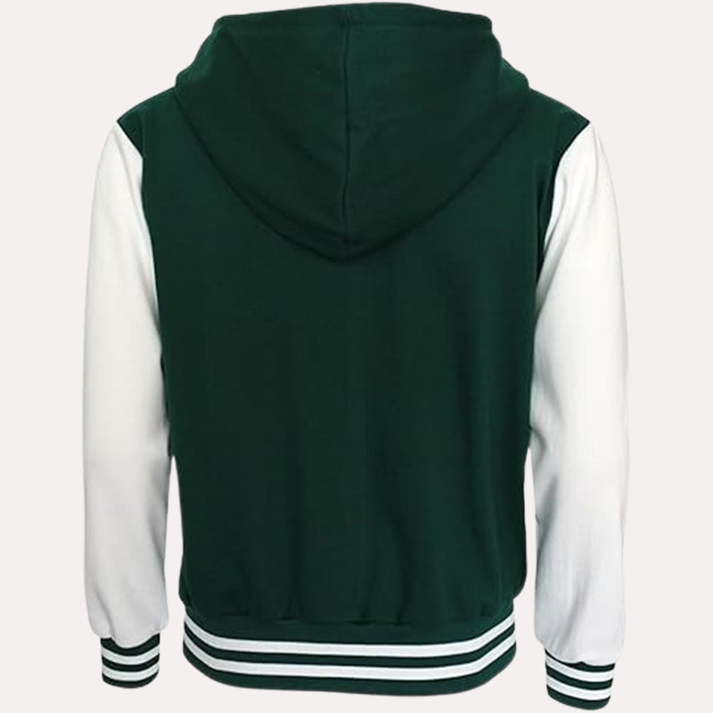 Womens Green and White Hooded Varsity Jacket Varsity Jacket women detail view 2 | Dash Racegear — Womens Baseball Style Gree and White Hooded Varsity Jacket