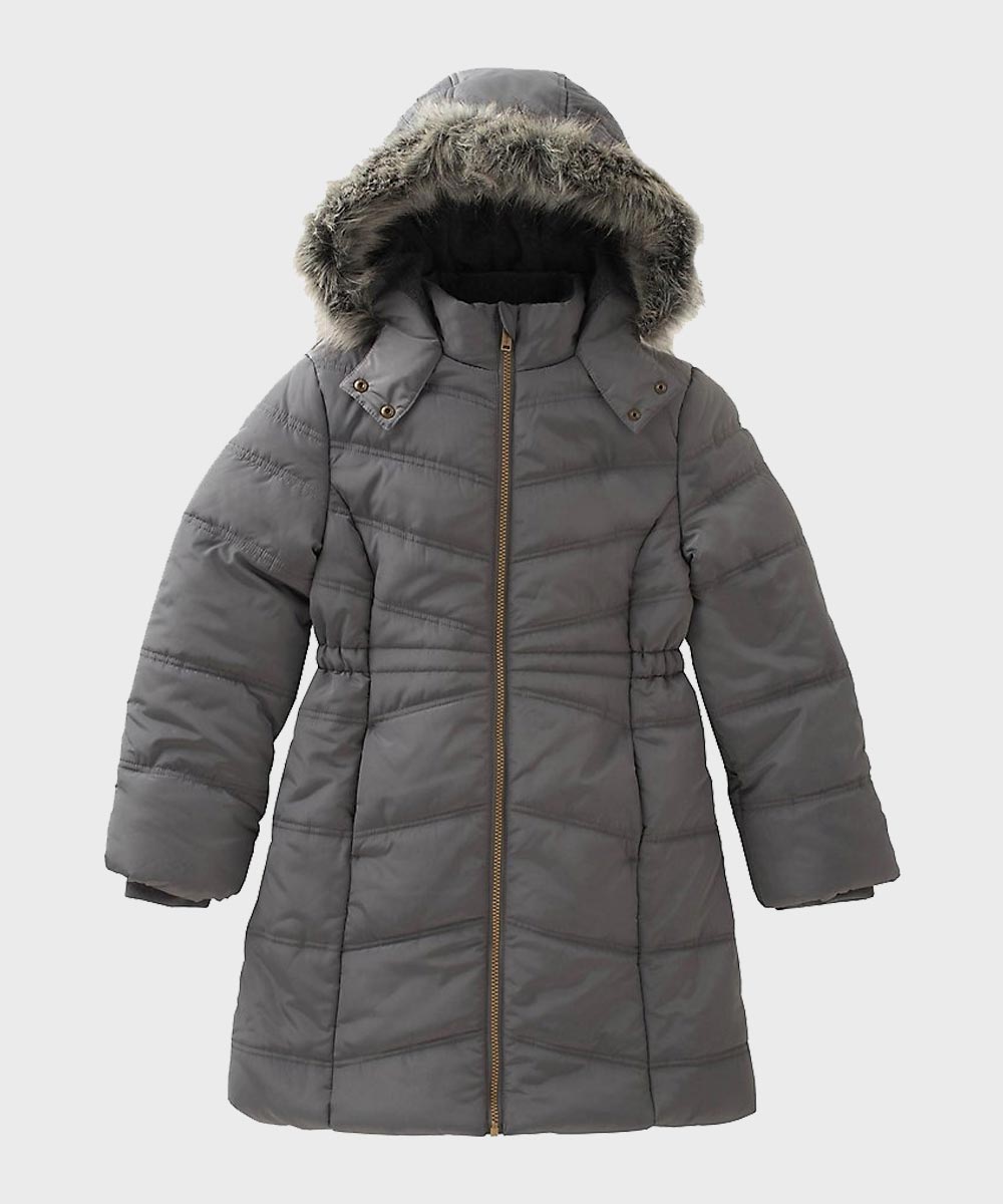 Womens Grey Hooded Puffer Coat Jacket women front product view | Dash Racegear — Womens Fur Hooded Puffer Grey Coat