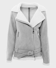 Women’s Grey Suede Shearling Jacket Jacket women front product view | Dash Racegear — Women's Belted Asymmetrical Shearling Grey Suede Leather Jacket