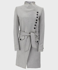 Womens Grey Wool Robe Coat Jacket women front product view | Dash Racegear — Womens Grey Wool Robe Coat