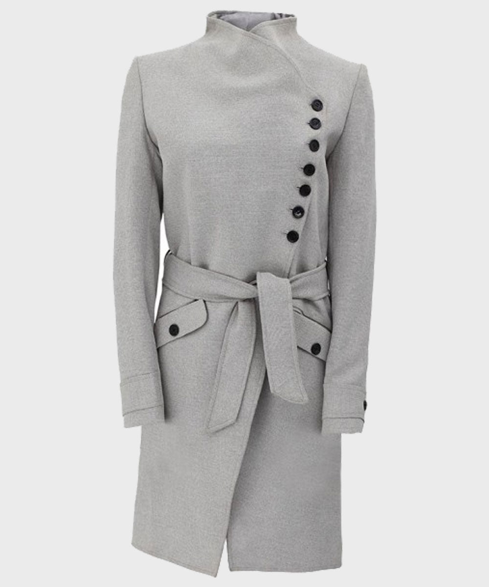 Womens Grey Wool Robe Coat Jacket women front product view | Dash Racegear — Womens Grey Wool Robe Coat
