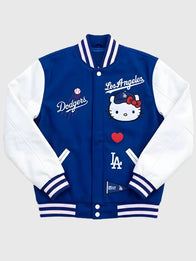 Hello Kitty Dodgers Varsity Jacket Varsity Jacket unisex front product view | Dash Racegear — Hello Kitty x MLB Dodgers varsity bomber jacket in blue and white, perfect for fan-style outfits.