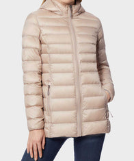 Women’s Hooded Down Puffer Cream Color Jacket Puffer Jacket women front product view | Dash Racegear — Womens Down Hooded Puffer Winter Jacket