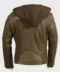 Womens Olive Motorcycle Leather Jacket Biker Jacket women detail view 2 | Dash Racegear — Womens Classic Motorcycle Olive Biker Leather Jacket with Hood