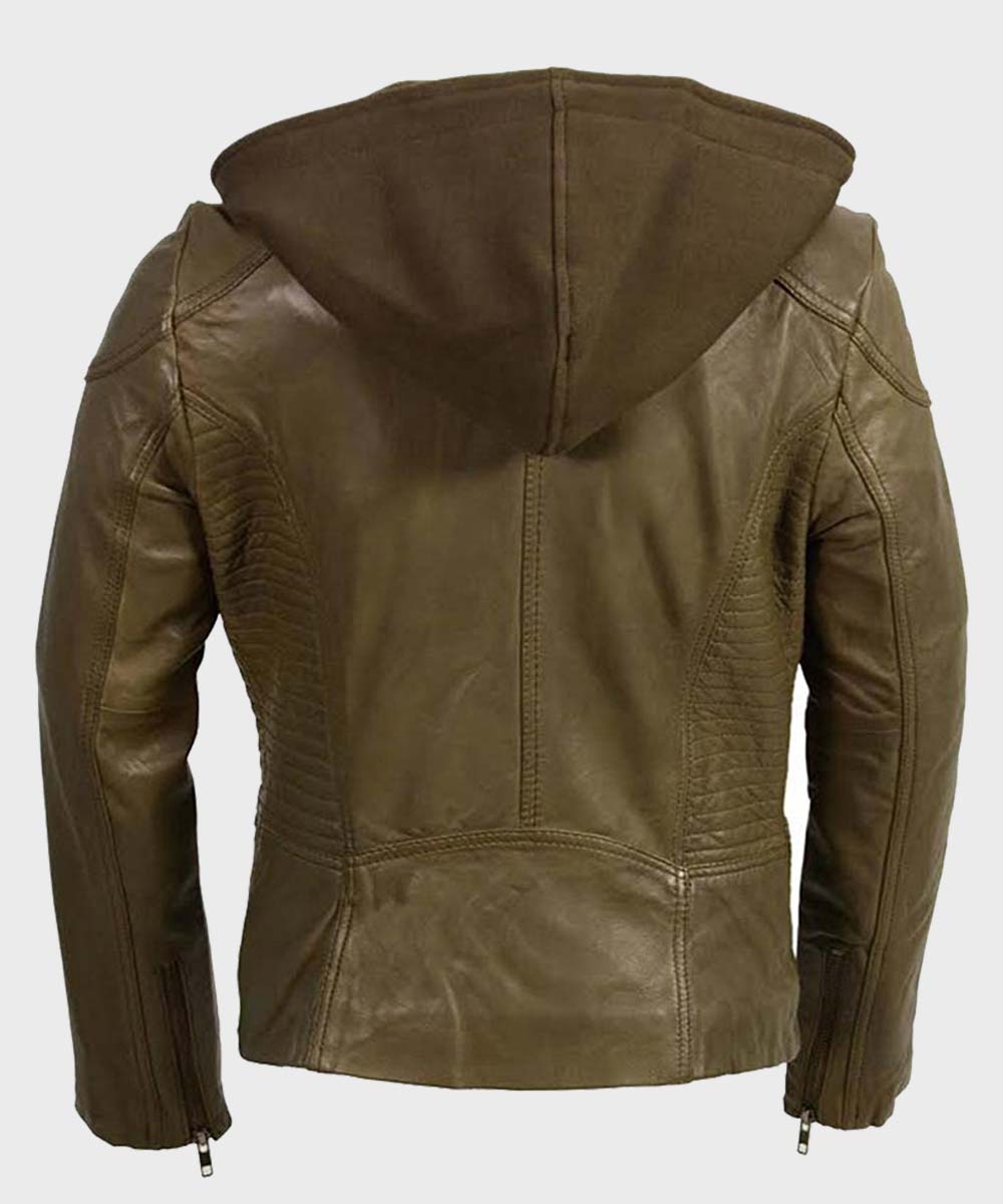 Womens Olive Motorcycle Leather Jacket Biker Jacket women detail view 2 | Dash Racegear — Womens Classic Motorcycle Olive Biker Leather Jacket with Hood