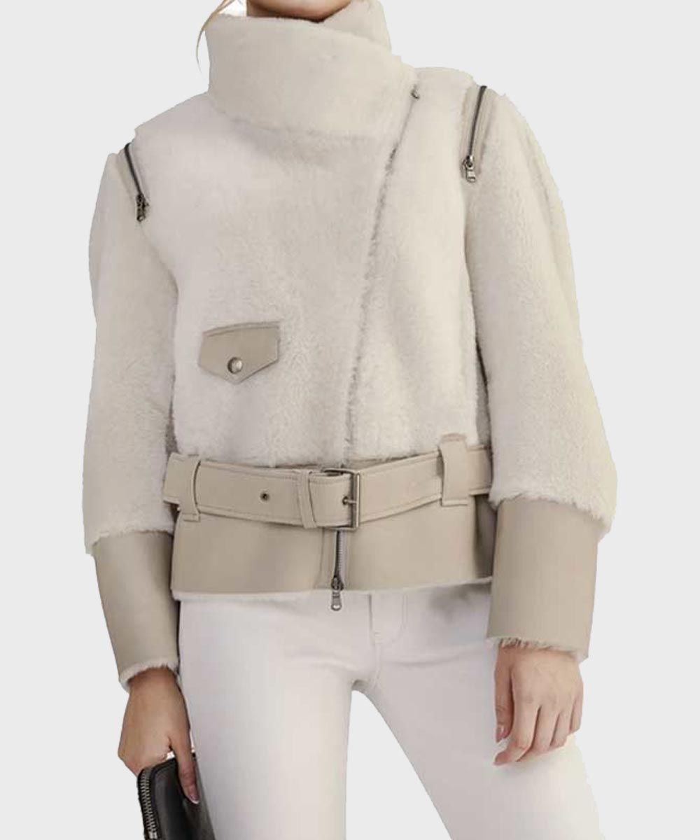 Womens Ivory Shearling Biker Jacket Biker Jacket women front product view | Dash Racegear — Womens Sheepskin Shearling Ivory Biker Jacket